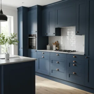 The résulte of Redecorating Your Kitchen Without Renovation. Modern kitchen with central island and dark blue furniture (Georgia Airforce Blue) and modern cabinet handles, white worktop, white subway-tiled credenza. Built-in oven, gas hob. Black faucets. Black hanging lamp above island. Light wood floor.