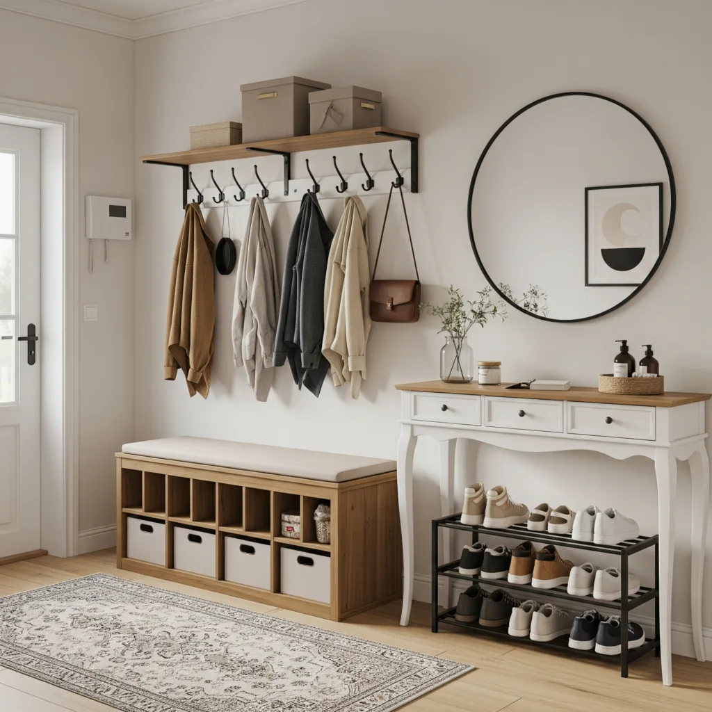 7 Essential Items Every Small Entryway Needs 2 A stylish small entryway interior, Scandinavian or modern design style, featuring a honey brown and cappuccino beige storage bench with 15 compartments and a padded seat, black metal wall-mounted coat hooks with coats and bags, a narrow white console table with drawers and curved legs, a compact 3-tier black metal shoe rack with neatly arranged shoes, a 24-inch round black-framed wall mirror above the console table, and a patterned runner rug. Bright natural lighting, warm neutral tones