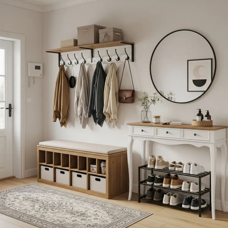 A stylish small entryway interior, Scandinavian or modern design style, featuring a honey brown and cappuccino beige storage bench with 15 compartments and a padded seat, black metal wall-mounted coat hooks with coats and bags, a narrow white console table with drawers and curved legs, a compact 3-tier black metal shoe rack with neatly arranged shoes, a 24-inch round black-framed wall mirror above the console table, and a patterned runner rug. Bright natural lighting, warm neutral tones