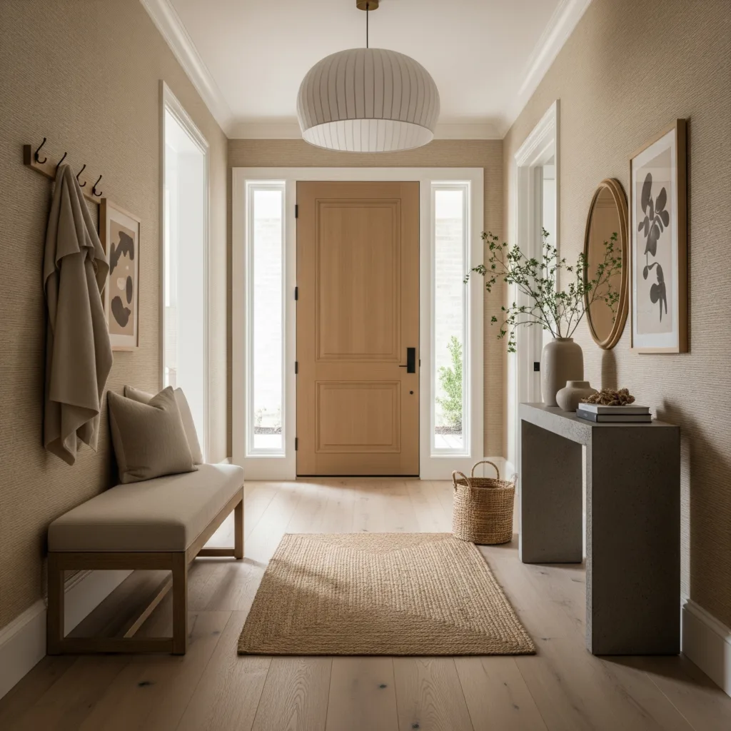 10 Modern Entryway Ideas That Instantly Impress 4 Modern, welcoming entryway ideas
with light wood bench and wall-mounted bag hook. A round designer mirror and a potted green plant add a fresh touch. A moderne console table. Ideal for organising your entrance and a stylish first step.