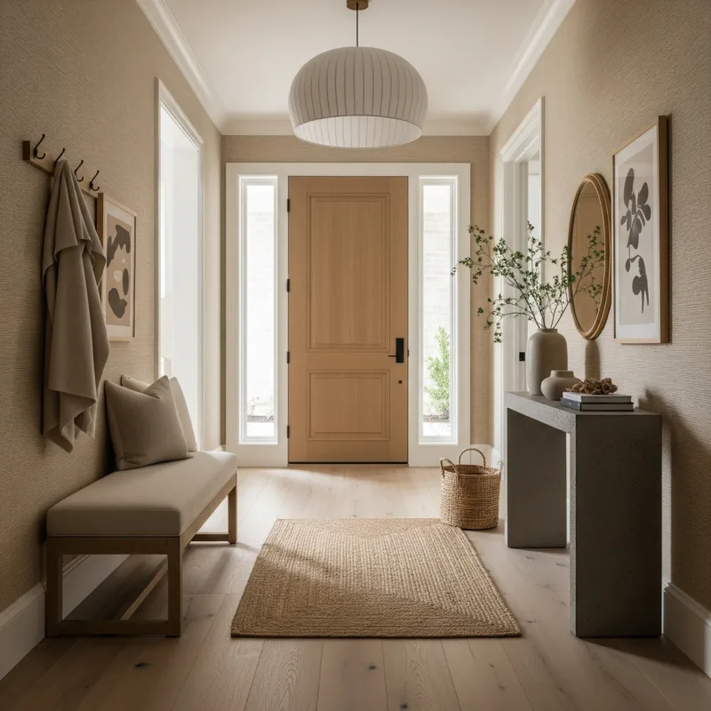 Modern, welcoming entrance with light wood bench and wall-mounted bag hook. A round designer mirror and a potted green plant add a fresh touch. Ideal for organising your entrance and a stylish first step.