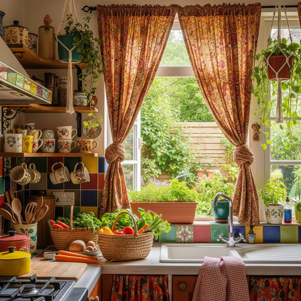 Perfect Kitchen Curtains for Every Style: A Complete Guide 4 A colorful boho-style kitchen with mismatched tiles, open shelves, and patterned curtains in rich warm tones (e.g., mustard, terracotta, turquoise) on a large window. The curtains are tied back, revealing greenery outside. The countertop has artisanal mugs, woven baskets, and hanging plants.