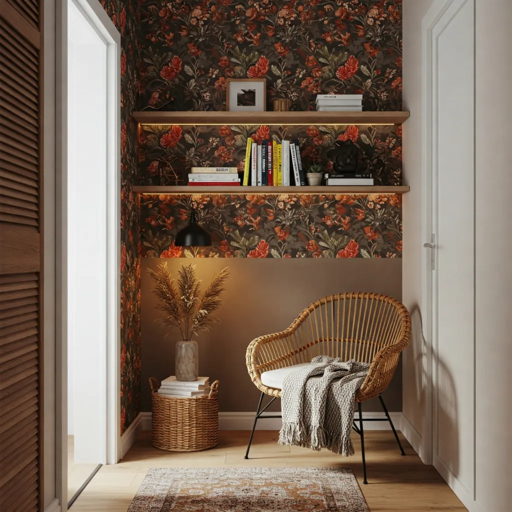 Tiny Homes, The Decor Rule Designers Swear By 4 Elegant, tiny reading corner with a bold floral wallpaper accent wall, soft natural light, a single rattan chair with a textured throw, a floating bookcase above and warm ambient lighting: modern, artistic, comfortable and balanced design.