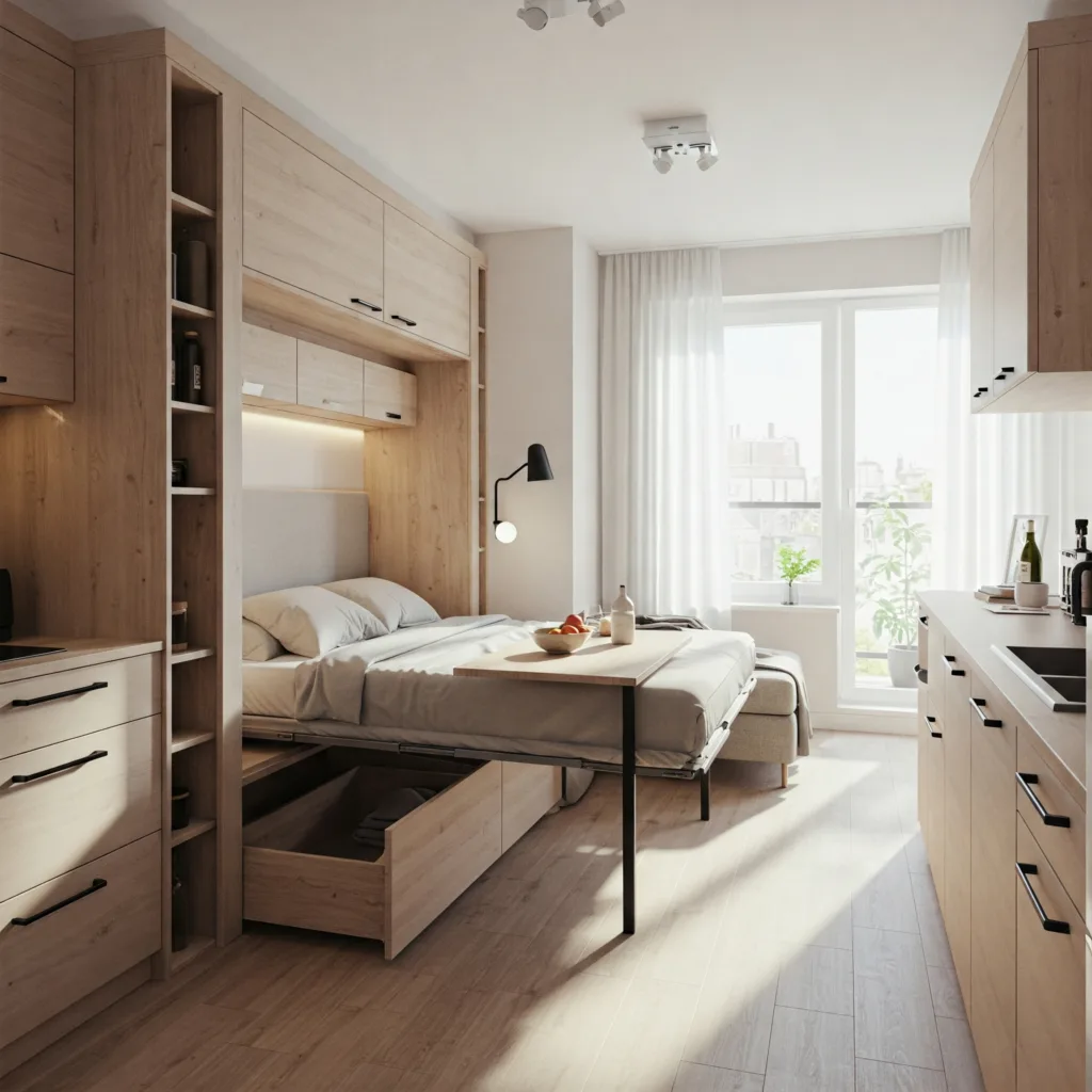 Tiny Homes, The Decor Rule Designers Swear By 3 Compact studio with smart furniture: a folding bed with drawers, a convertible dining table, built-in storage, a neutral palette with wood accents, matt black cabinet handles, natural light coming in through a large window: minimal, functional decor