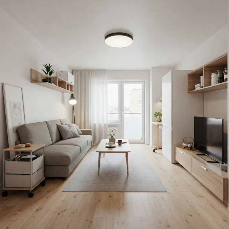 Space-saving smart furniture: a convertible sofa bed, a wall-mounted desk, a slim storage trolley and stackable kitchen utensils in an open kitchen. The décor is minimalist with neutral colours, natural light, houseplants and a clean, organised look. The style is a Scandinavian-Japanese fusion, with clean lines, warm tones and practical elegance. Wide-angle view.