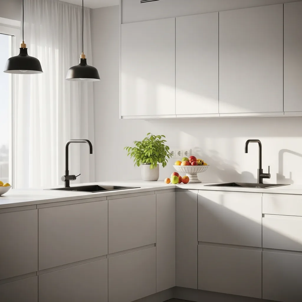 Perfect Kitchen Curtains for Every Style: A Complete Guide 3 Modern minimalist kitchen with white wall , tier curtains, units and light wood base units. Marble worktop and marble splashback. Black integrated cooker with discreet hood. White designer ceiling lights. Ideal for a bright contemporary kitchen.