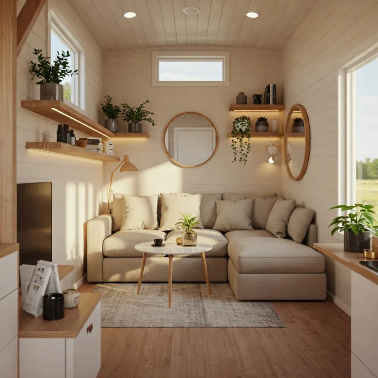 Small, bright and comfortable living space with a light beige sectional sofa forming an inviting seating area. The layout has been optimised for a compact interior, with light wood wall shelves illuminated by LED strips, providing vertical storage. Two round mirrors visually enlarge the space. Round white coffee table with light wood legs. Carpet in a discreet geometric pattern. Potted green plants add a touch of freshness. Light wood floor. Windows letting in natural light. Small space, beige sectional sofa, compact interior design, light wood wall shelves, round living room mirrors, space-saving furniture, small studio interior design.