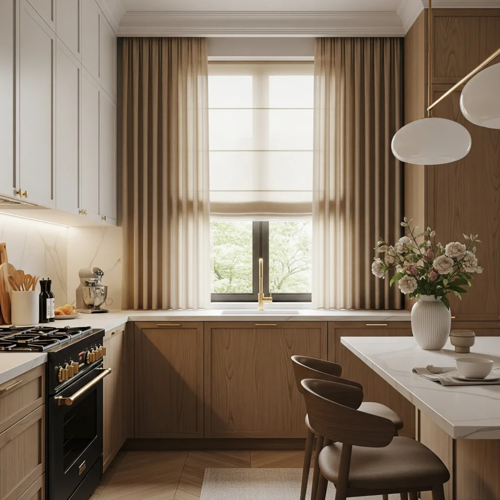 Perfect Kitchen Curtains for Every Style: A Complete Guide 2 Modern beige and wood kitchen with light-coloured wall units, white worktop and wooden central island. Functional kitchen with black cooker, gold taps and modern kitchen curtains. Ideal for a bright, elegant kitchen.
