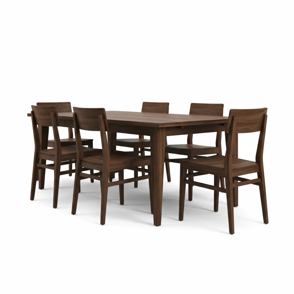 Rectangular dark wood dining table set with six matching chairs. Sleek, modern design, perfect for a contemporary or rustic chic dining room. Ideal for family meals.