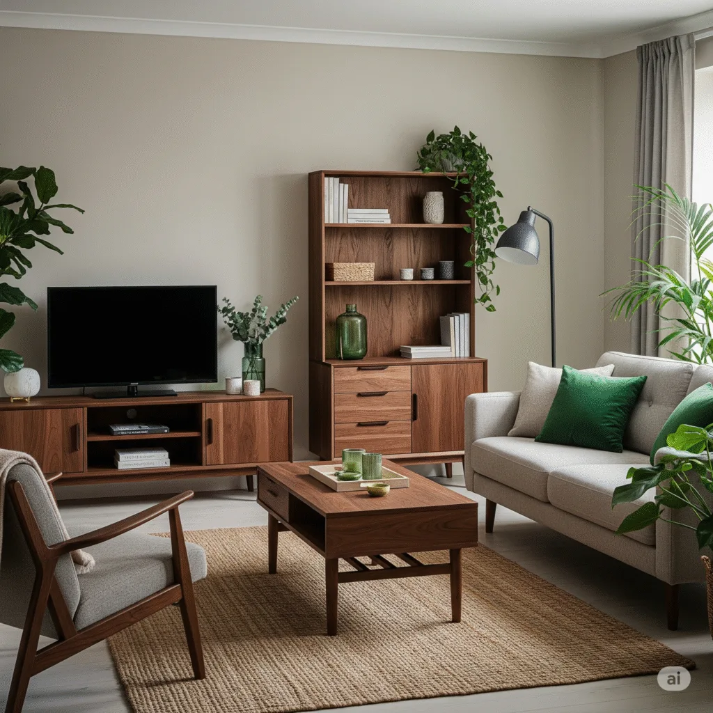 Warm, modern living room with dark wood furniture, including TV stand and bookcase. Light beige sofa, gray armchair and natural jute rug. Cosy atmosphere with green plants and emerald green accents. Ideal for a contemporary wood interior.