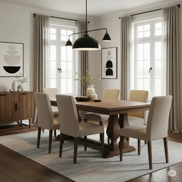 Elegant, modern dining room with solid wood table and beige upholstered chairs. Black designer suspension and contemporary wall art. Refined ambience, ideal for convivial meals and chic interiors.