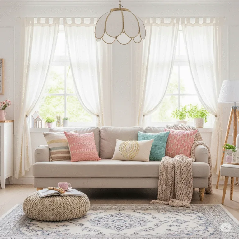 Bright, fresh living room with light beige sofa, colorful pastel cushions and knitted pouffe. Bright decor, white curtains and subtly patterned rugs create a cosy Scandinavian ambience.