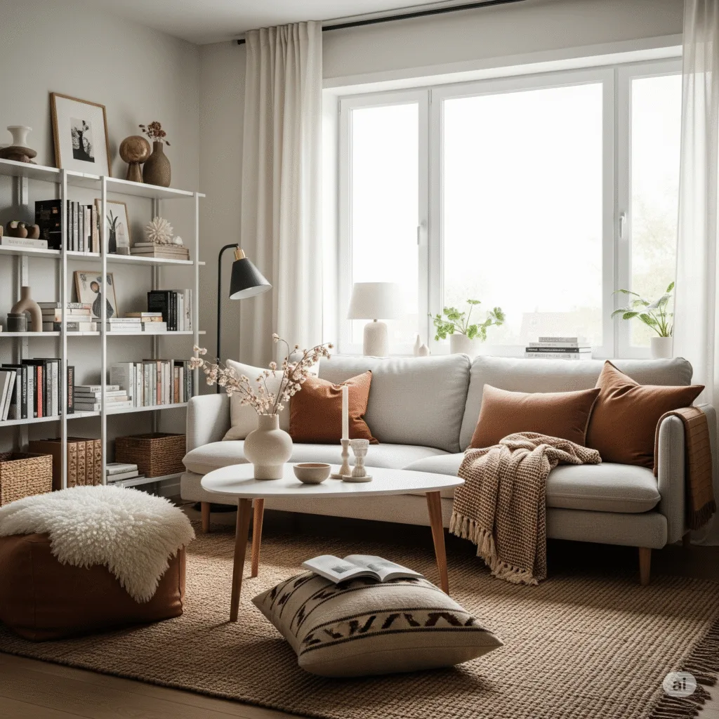 Decorating Tips to Refresh Your Home. Bohemian industrial living room with brown leather Chesterfield sofa, exposed brick wall and industrial suspension. Oriental rug, wall macramé and leather pouffe create a warm, unique ambience. Perfect for a stylish urban loft.