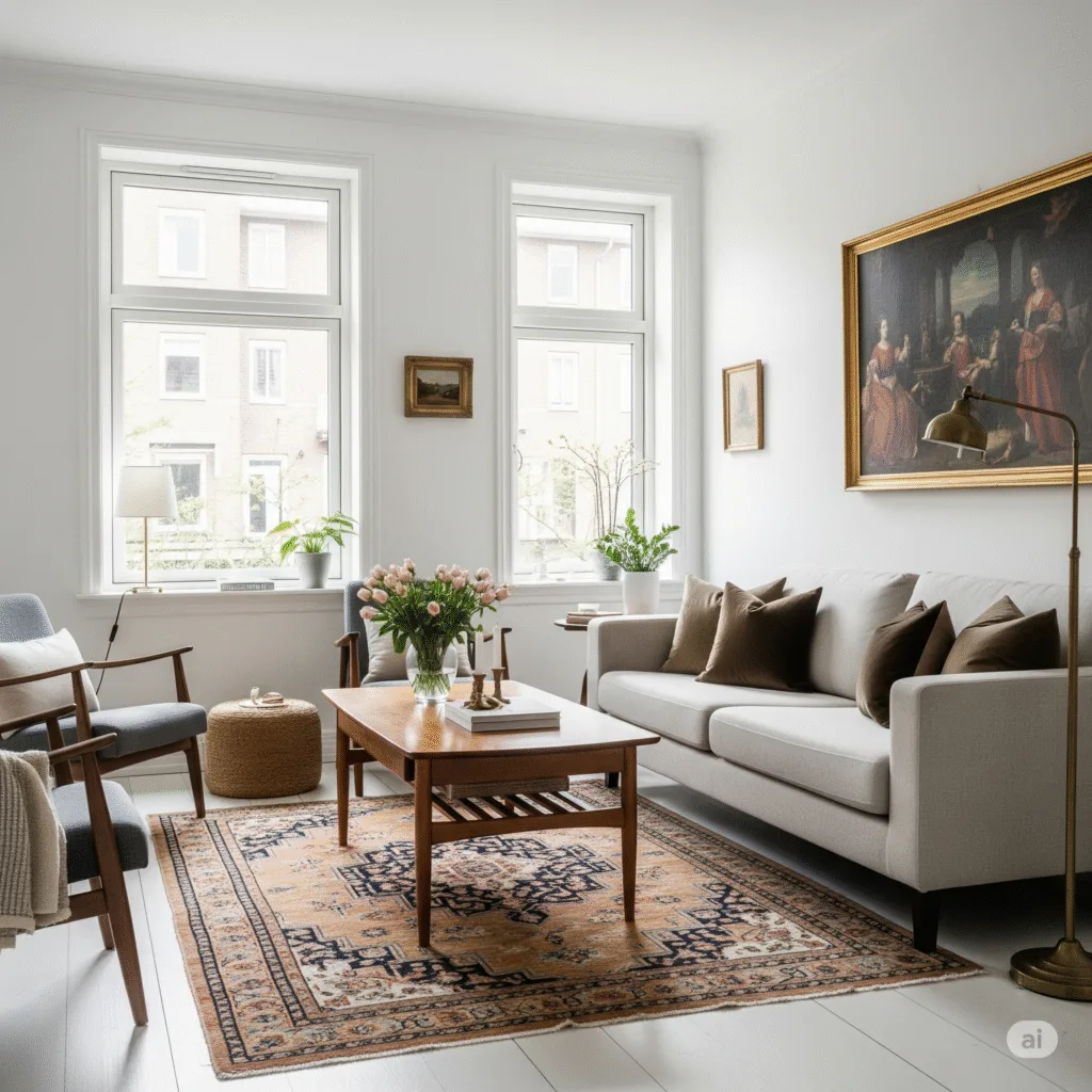 New Interior, Bright, modern living room with beige sofa, light wood coffee table and gray armchairs. Oriental patterned rug and large classic painting for a sophisticated, eclectic style.