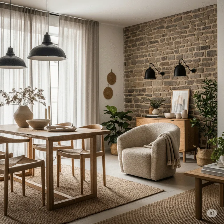 A cozy and inviting open-plan interior showcasing a rich mix of materials and textures: raw wood dining table, soft linen curtains, a boucle fabric armchair, exposed stone accent wall, matte black pendant lights, and a jute rug underfoot. Subtle neutral color palette with natural greens from indoor plants. Emphasis on tactile elements and layering. Natural lighting with soft shadows, Scandinavian-boho fusion style.