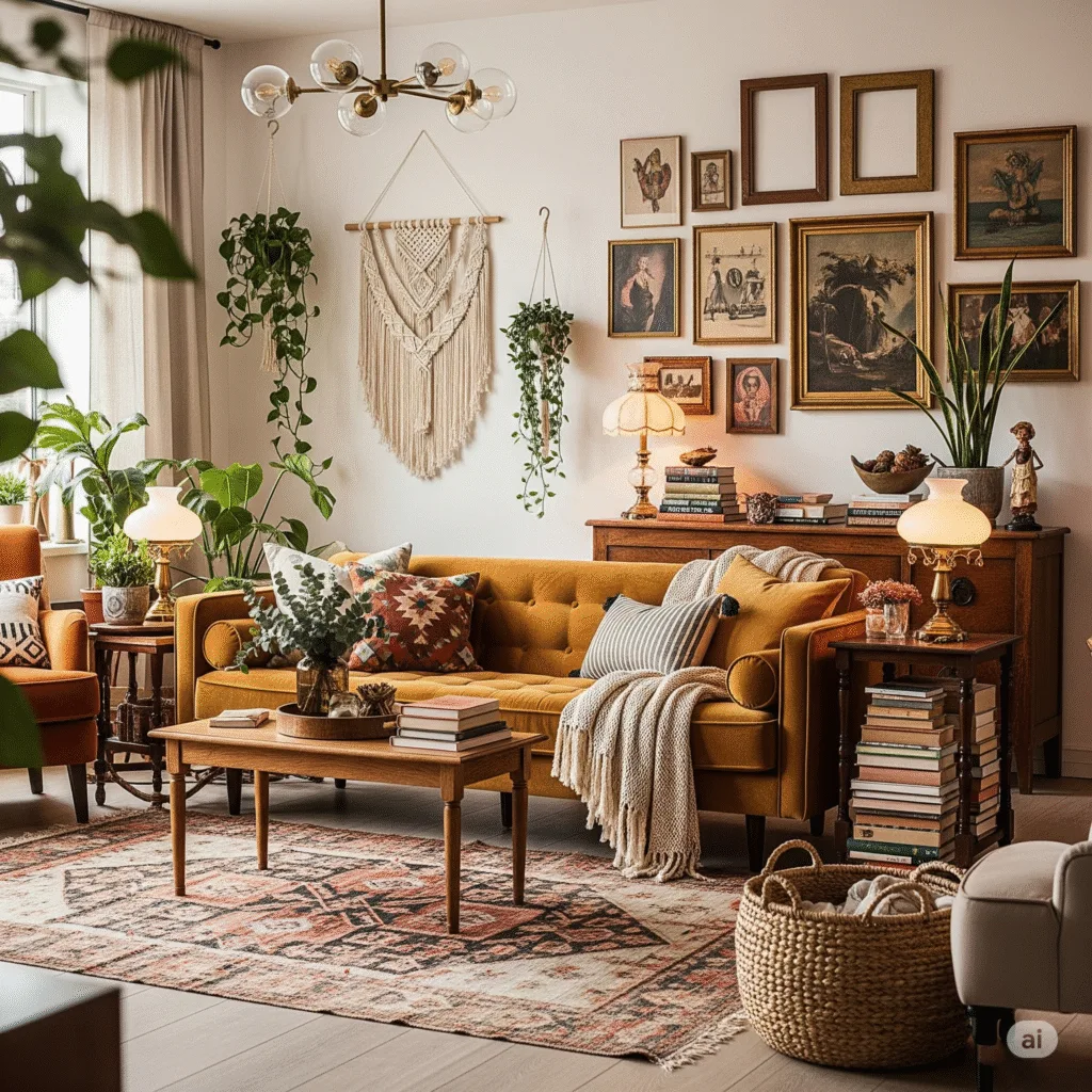  stylish eclectic living room filled with character: velvet mustard sofa, faded kilim rug, vintage side table with stacked books, macrame wall hanging, potted plants, layered lighting with both antique and modern lamps. Gallery wall with mismatched frames and art collected from travels. The space feels warm, lived-in, and creative. Boho-chic aesthetic, soft ambient lighting.