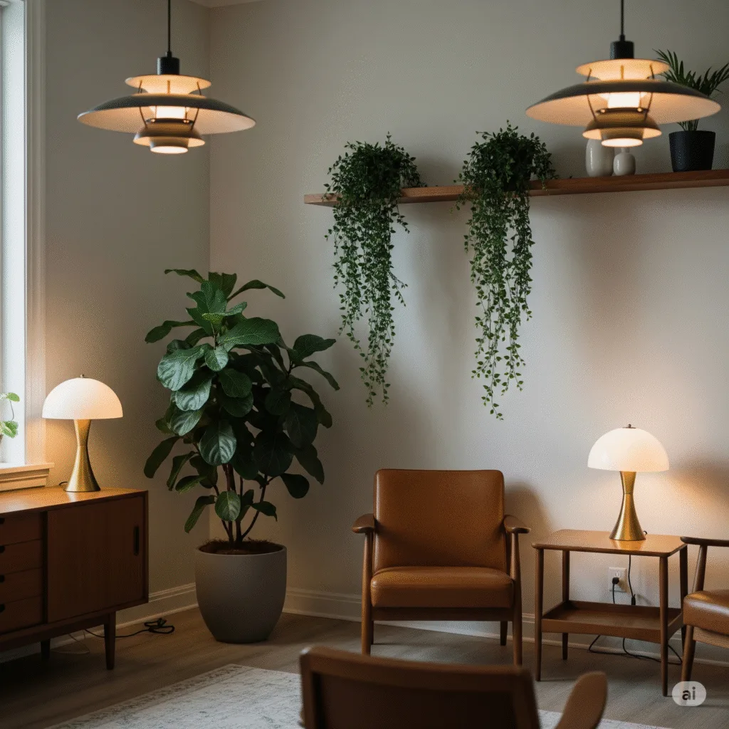 Elegant, warm living room with cognac brown leather armchairs, large ficus lyrata and hanging plants. Designer lighting and natural wood create a sophisticated, botanical ambience. Perfect for a modern, green interior.