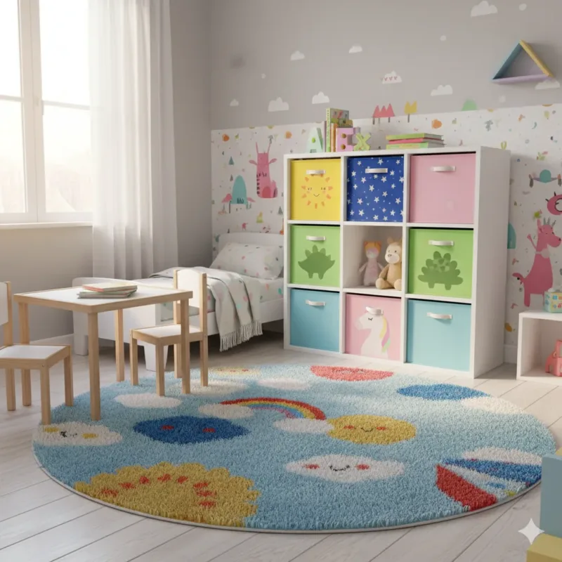 A children’s bedroom with a white cube shelf used for toy storage. Colorful storage bins inside the cubes, playful decor, cozy rug, and cheerful atmosphere.