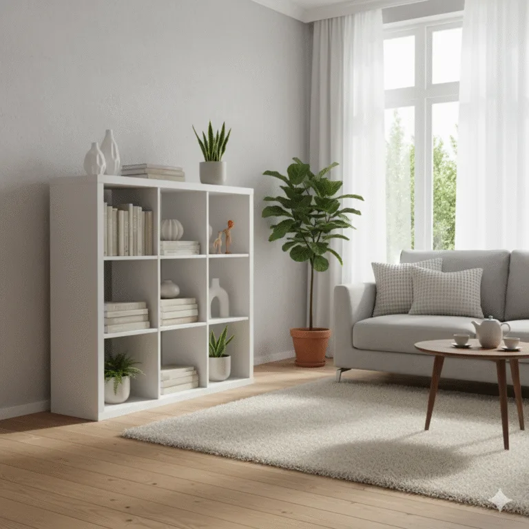 A bright and modern living room with Furinno Luder 5-Cube Shelf filled with books, plants, and small decorative items. Minimalist Scandinavian interior design, wooden floor, cozy atmosphere, natural sunlight coming through a window.