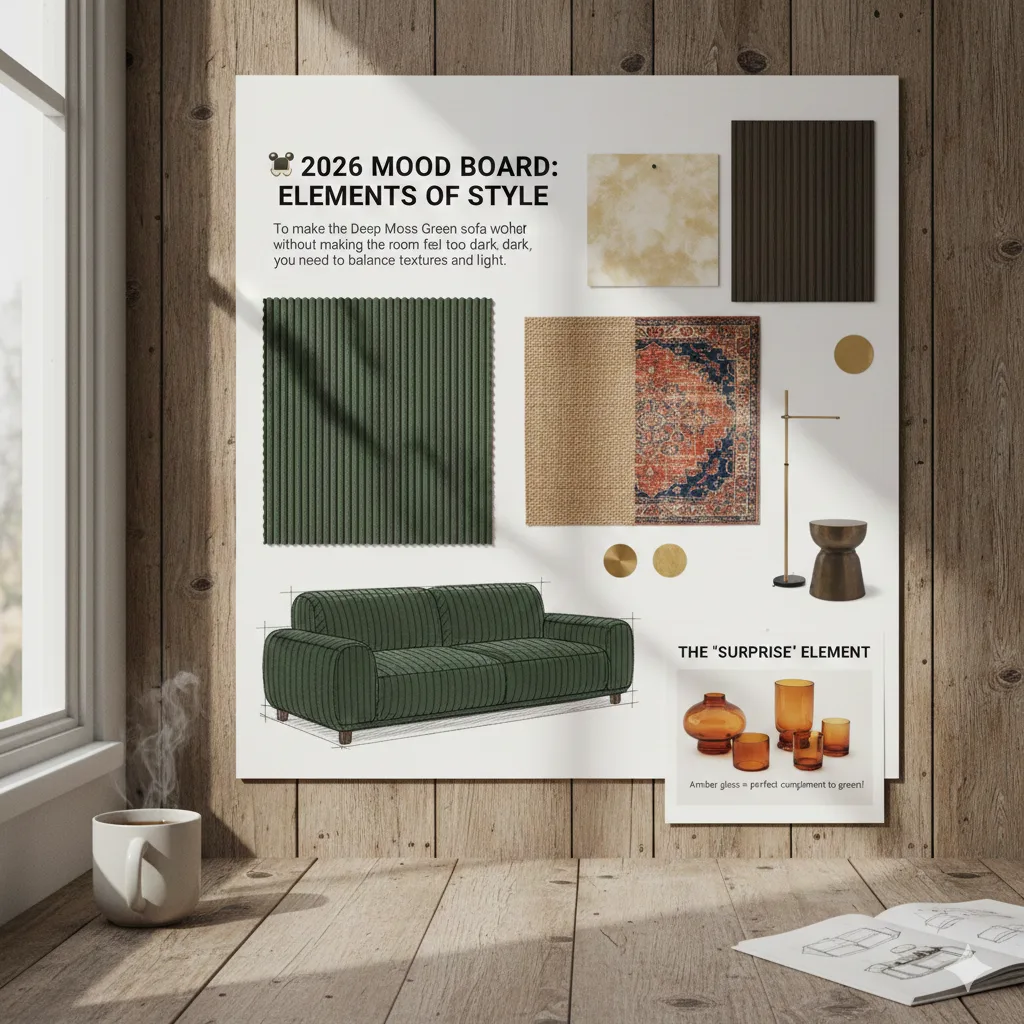 Living Room Mood Board: An interior design mood board for 2026 entitled “Elements of Style,” pinned to a rustic wooden wall. The board focuses on a deep moss green corduroy sofa. It features ribbed fabric samples, a dark grooved wood panel, gold brass finishes, and a mix of traditional Persian rugs and natural jute. A section titled “The Element of Surprise” highlights amber-colored glassware. At the bottom of the image, on a wooden table, we see a steaming cup of coffee and an open sketchbook, creating a warm design studio atmosphere.