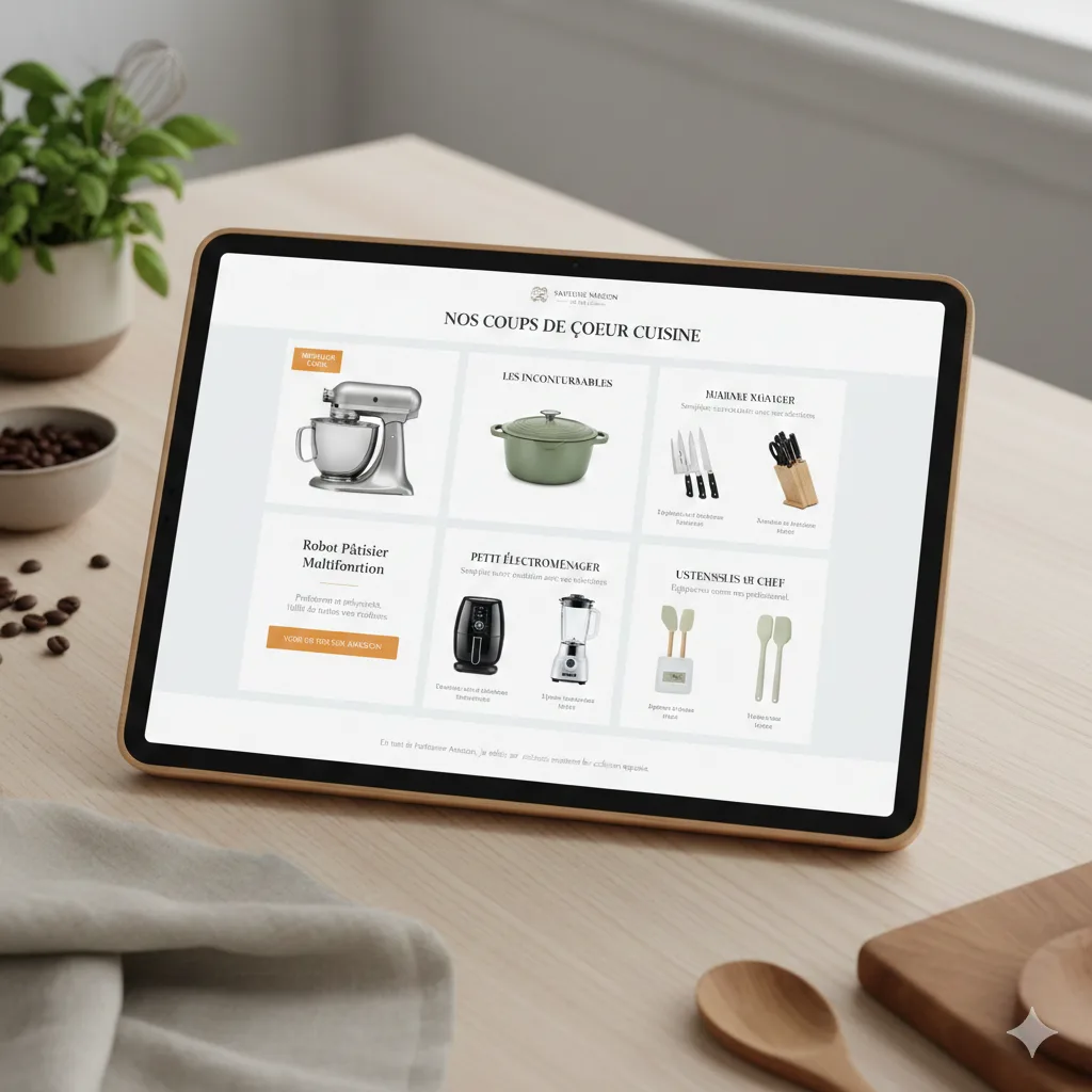 Guide d'achat des Meilleurs Accessoires de Cuisine affiché sur une tablette numérique, présentant une sélection de robots pâtissiers, ustensiles de chef et petit électroménager pour un blog d'affiliation Amazon.