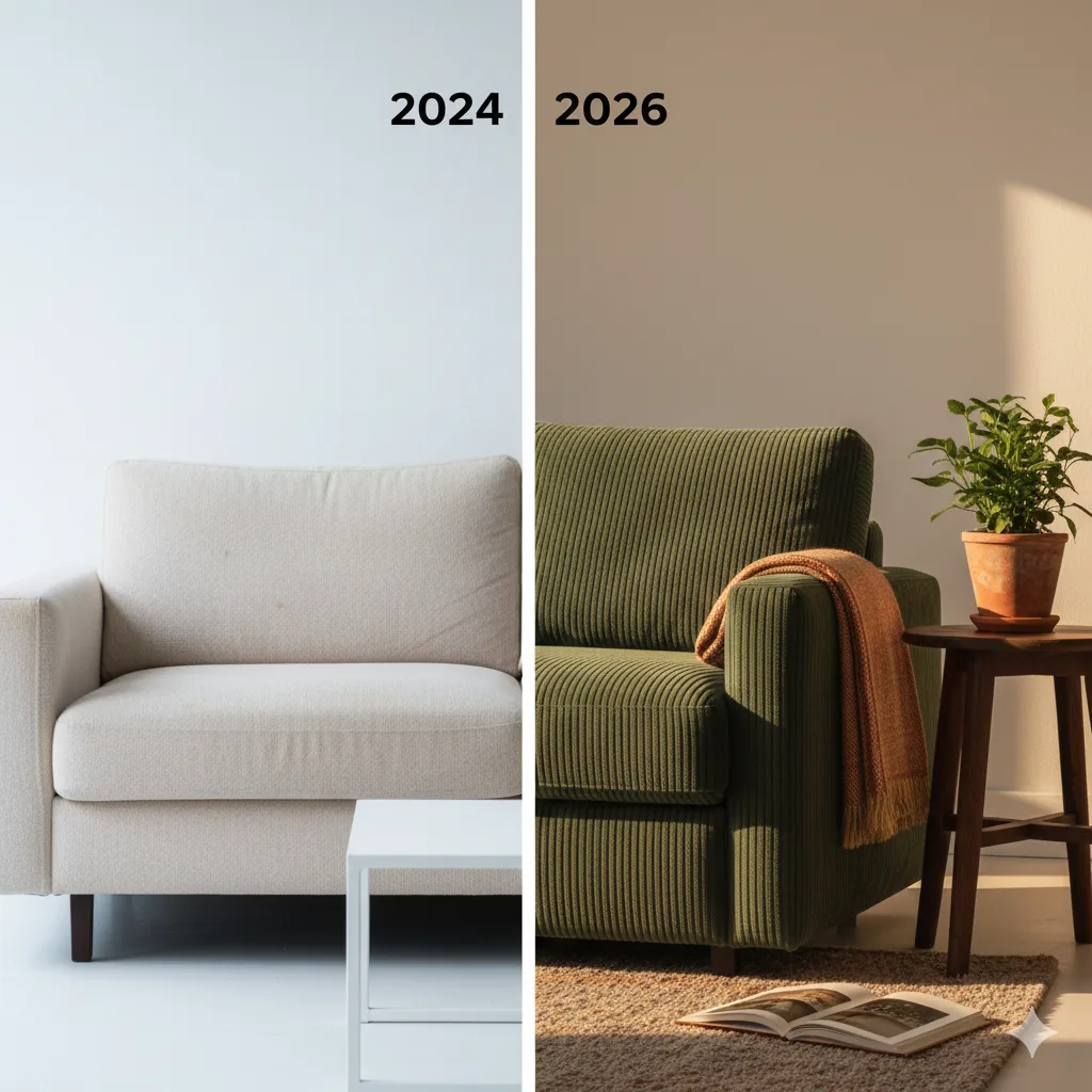 Vertically divided comparative infographic. On the left, under the title “THE BEIGE CLONE EFFECT,” a minimalist monochrome beige living room with a curly sofa. A character has a thought bubble showing an identical miniature version of this living room, emphasizing repetition. On the right, under the title “INDIVIDUALITY & PRACTICALITY (2026)”, a warm and eclectic living room with a green velvet sofa, colorful Persian rugs, walls covered with frames, plants, a sleeping dog, and a woman reading. The main title at the top of the image is “WHY THE REIGN OF BOUCLÉ BEIGE IS ENDING.” The image illustrates the shift from uniform, impersonal decor to a more individual, colorful, and lived-in style.