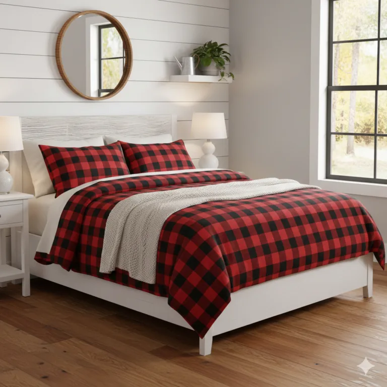 Modern farmhouse bedroom decor with plaid flannel sheets