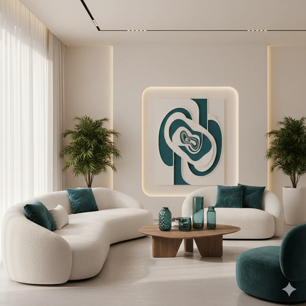 A modern living room with a minimalist, futuristic design that reflects 2026 trends. The walls are painted Cloud Dancer (creamy off-white) with curved light niches. The furniture consists of organic sofas in white bouclé fabric and a rounded armchair in Transformative Teal velvet (deep blue-green). In the center, a light wood coffee table supports blue-tinted glass vases. An abstract artwork with fluid blue-green shapes decorates the main wall, complemented by lush green plants.