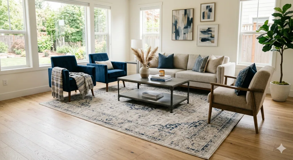 A modern living room featuring a large beige and blue vintage-style area rug under a grey sofa and blue velvet armchairs, highlighting  home decor proportions and the Perfect Rug.