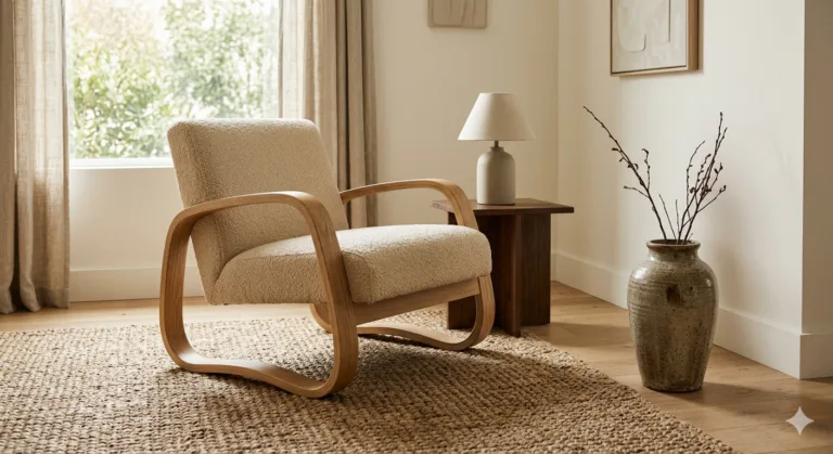 A serene organic modern reading nook featuring a curved light oak armchair with beige bouclé upholstery, set against a neutral wall with a jute rug, a ceramic lamp on a dark wood side table, and a large rustic floor vase with dried branches.