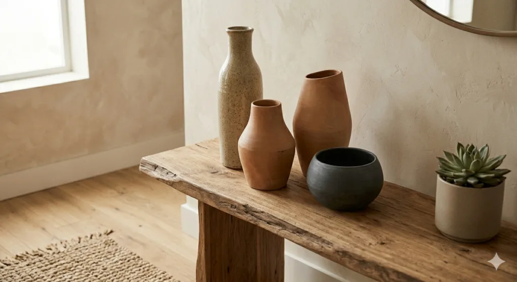 Close-up of an organic modern entryway featuring a live-edge wooden console table topped with various handmade terracotta and ceramic vases, a small succulent in a pot, and a black bowl, set against a textured plaster wall.