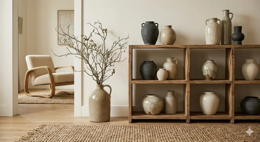A wide shot of an organic modern interior featuring a minimalist wooden bookshelf filled with handcrafted stoneware vases in earth tones, a large floor jug with leafy branches, and a glimpse of a bouclé armchair in the background.