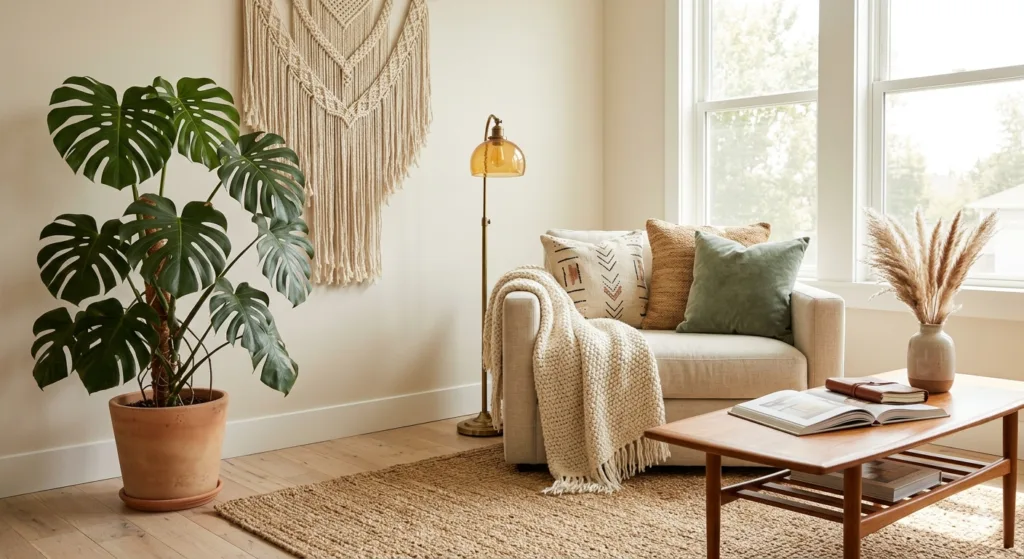 A bright and airy modern boho living room featuring a neutral linen armchair, a large Monstera plant in a terracotta pot, a macramé wall hanging, and a jute rug.
