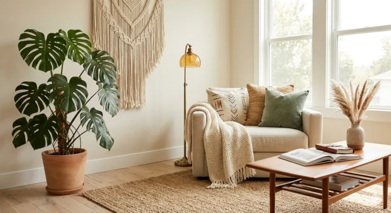 A bright and airy modern boho living room featuring a neutral linen armchair, a large Monstera plant in a terracotta pot, a macramé wall hanging, and a jute rug.