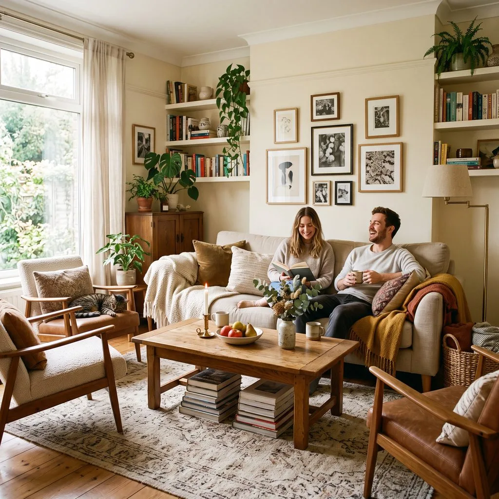 A young couple relaxes on a light beige sofa in a cozy, warmly lit living room. The woman is reading a book and smiling, while the man holds a mug and laughs. The room is decorated with numerous indoor plants, a gallery wall of framed artwork, and built-in bookshelves. A rustic wooden coffee table sits in the center, holding stacked books, a candle, and a bowl of fruit. To the left, a cat sleeps peacefully on a wooden armchair next to a large window.