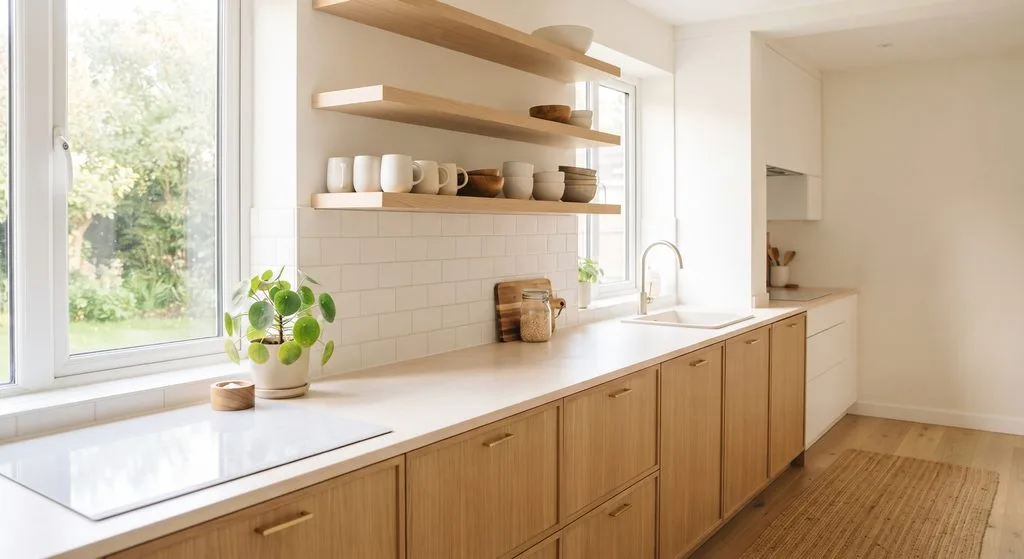 Bright modern minimalist kitchen with light wood countertops and ceramic mugs