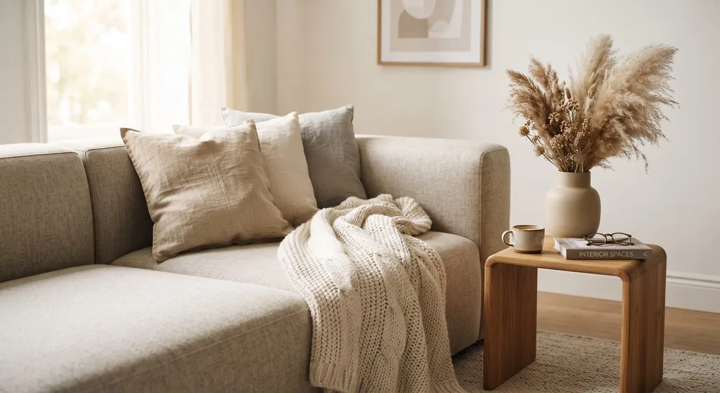 close-up of a stylish minimalist sofa corner with neutral linen cushions, a knitted throw blanket, a ceramic vase with dried pampas grass on a side table, cozy interior design style
