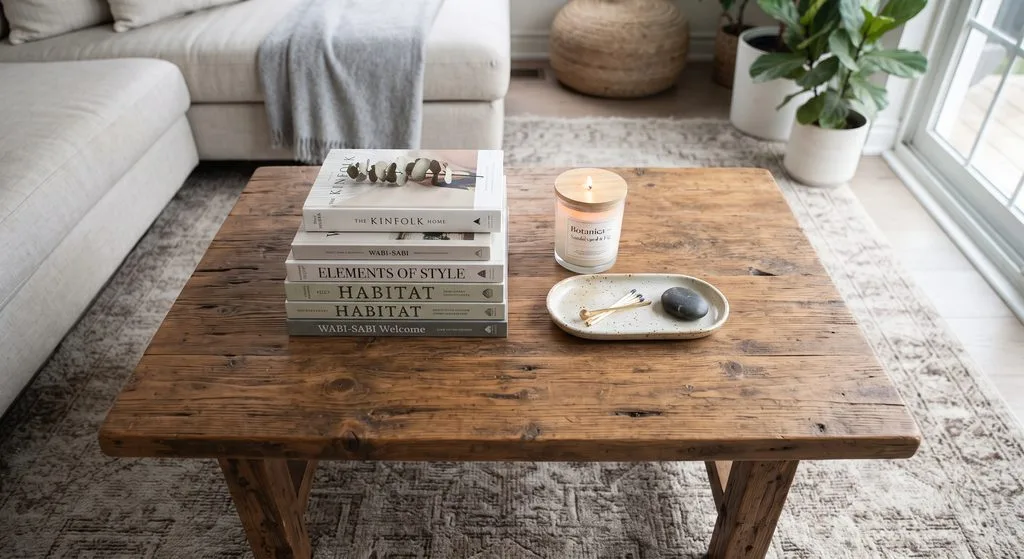 overhead shot of a beautifully styled rustic wooden coffee table with stacked hardcover books, a scented candle in a glass jar, and a small decorative tray, interior styling concept