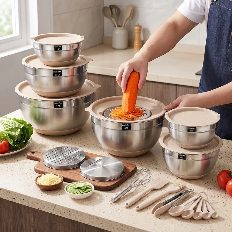 Stainless steel mixing bowls with built-in grater lid and non-slip silicone base on a counter.