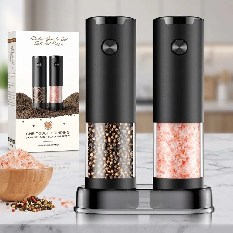 Automatic one-touch electric salt and pepper shakers with transparent spice chambers.