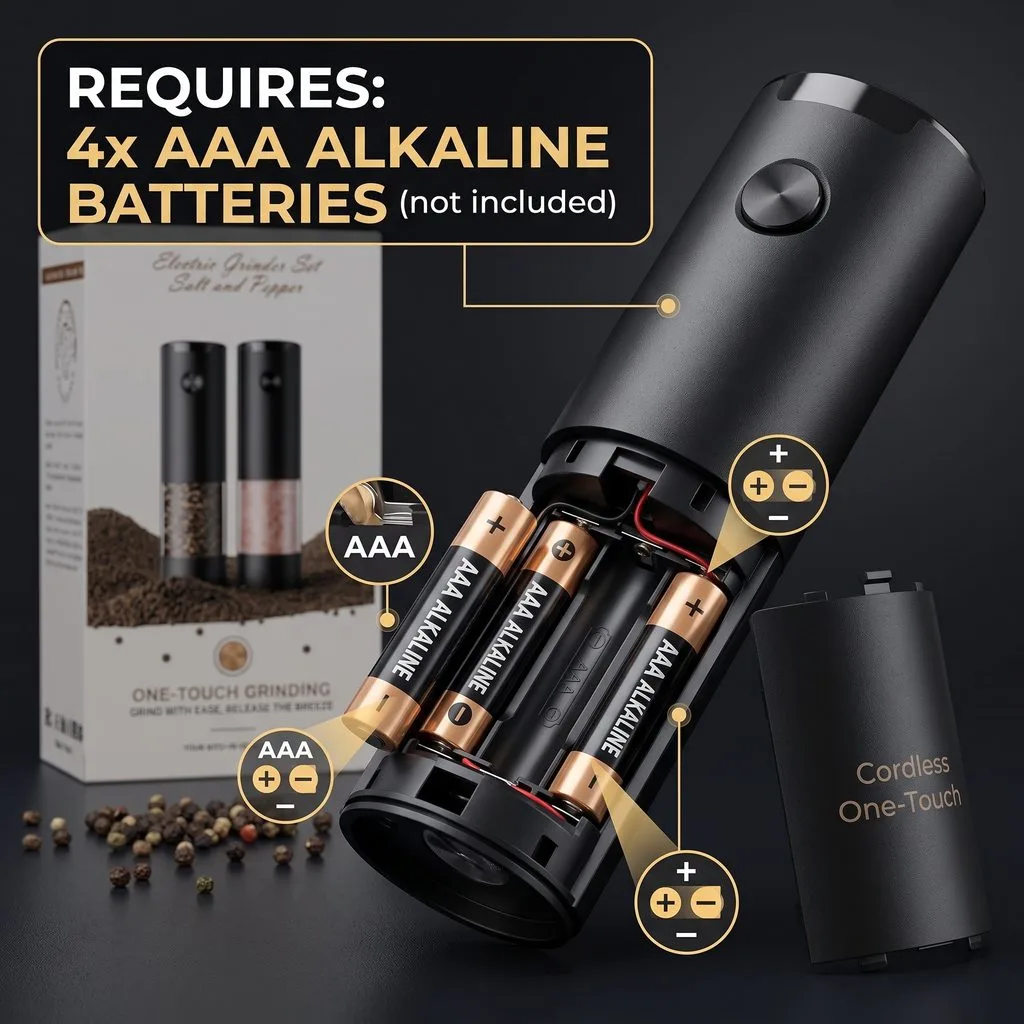 Cordless automatic salt and pepper grinder battery compartment highlighting four AAA batteries.