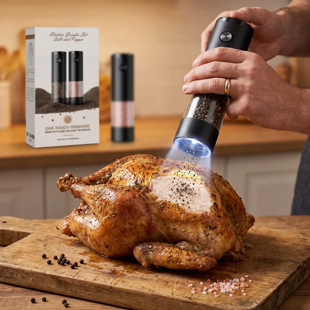 Hands using a black electric pepper grinder with LED light on a roasted turkey.