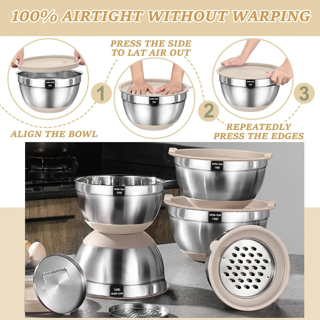 Instructions for using airtight lids on nesting stainless steel bowls with khaki silicone bases.